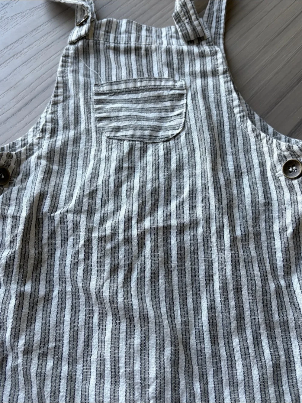 Rylee + Cru Striped Cotton Linen-Blend Kids Overalls in Gray and White Stripe